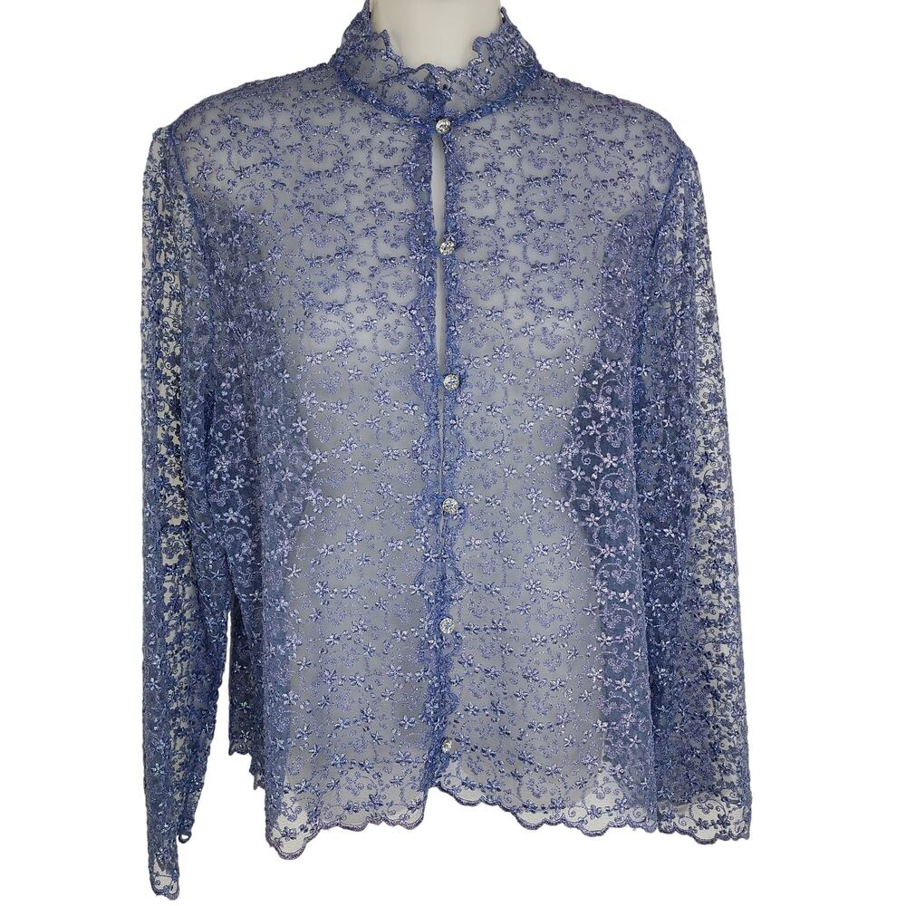 Vtg Women Shirt L Button Embroidered Sheer Floral Blue Coquette Fairy Romantic